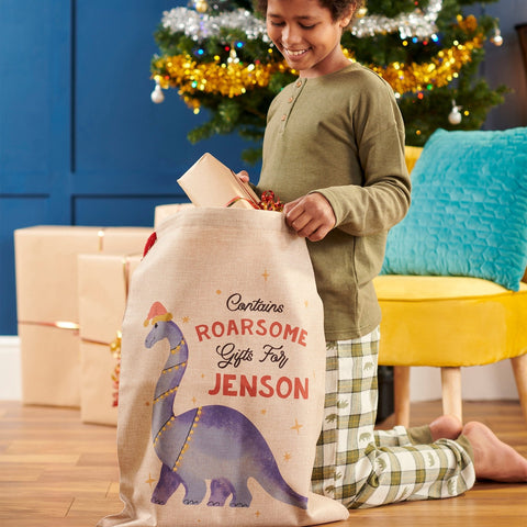 Oakdene Designs Christmas Decorations Personalised Dinosaur Burlap Christmas Sack