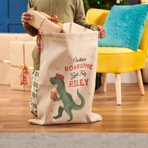 Oakdene Designs Christmas Decorations Personalised Dinosaur Burlap Christmas Sack