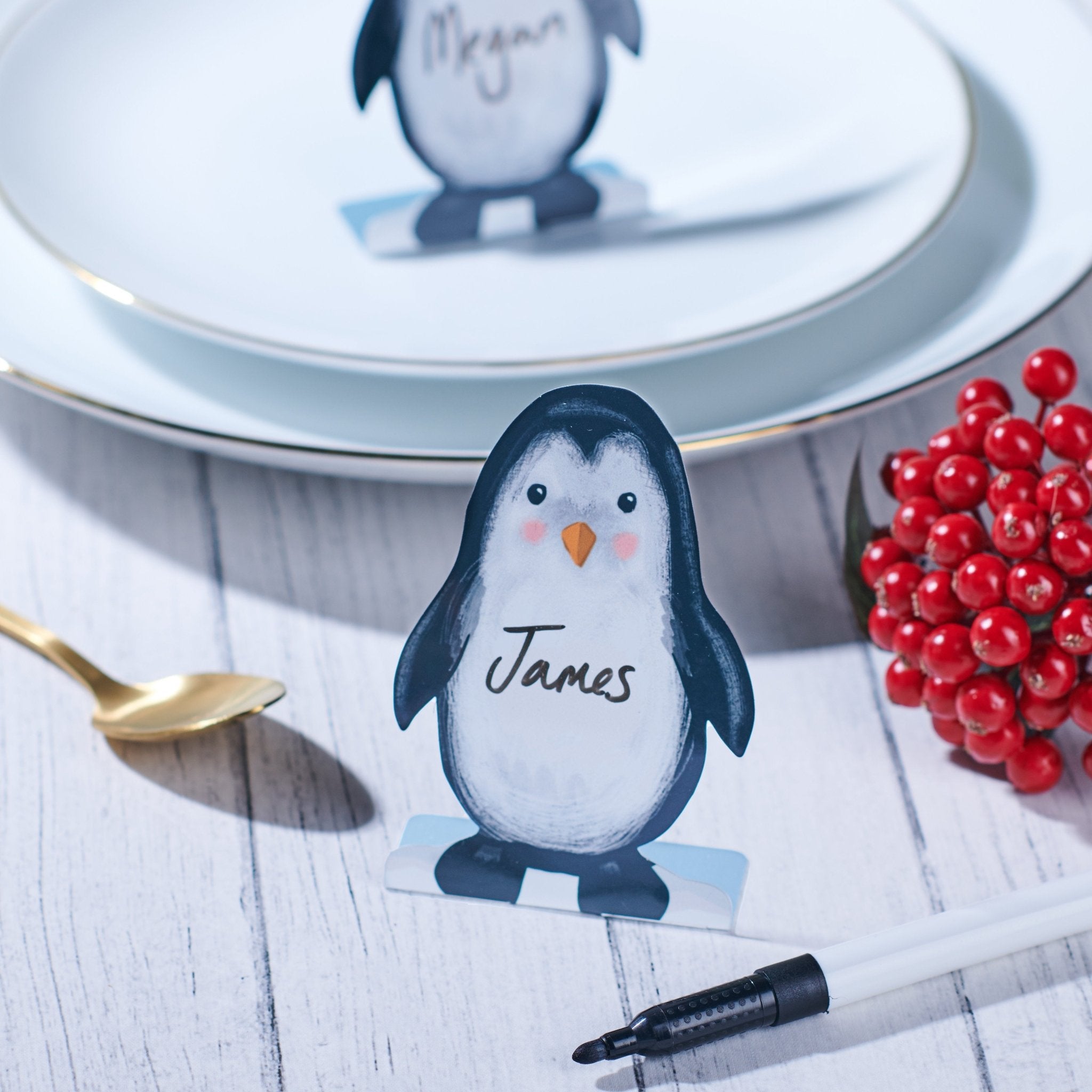 Oakdene Designs Christmas Decorations Personalised Metal Penguin Place Setting - Set of 6