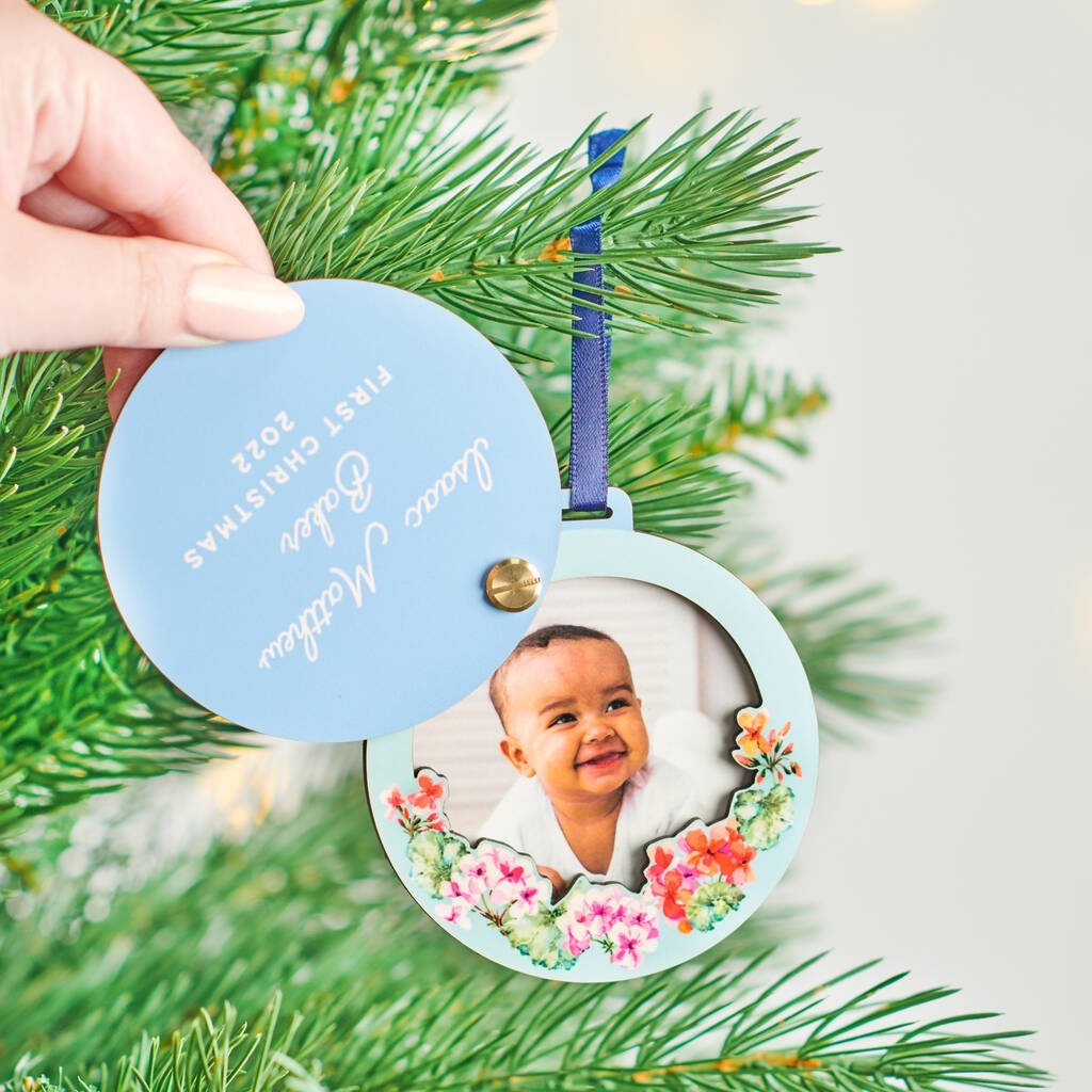 Oakdene Designs Christmas Decorations Personalised New Baby Photo Swivel Christmas Decoration