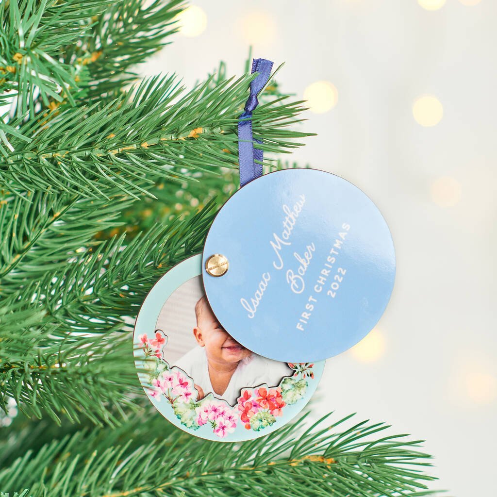 Oakdene Designs Christmas Decorations Personalised New Baby Photo Swivel Christmas Decoration