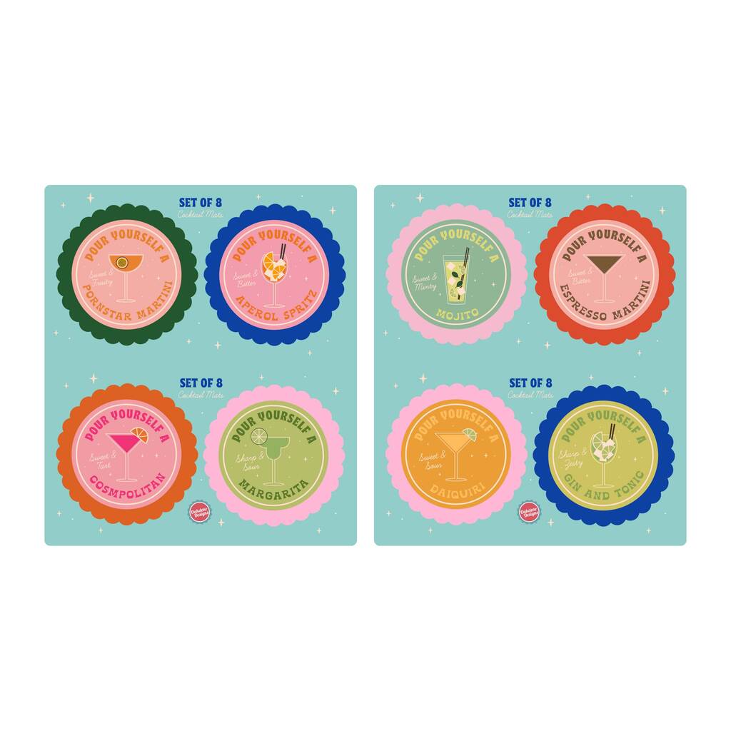 Oakdene Designs Food / Drink Set Of Colourful Cocktail Mats