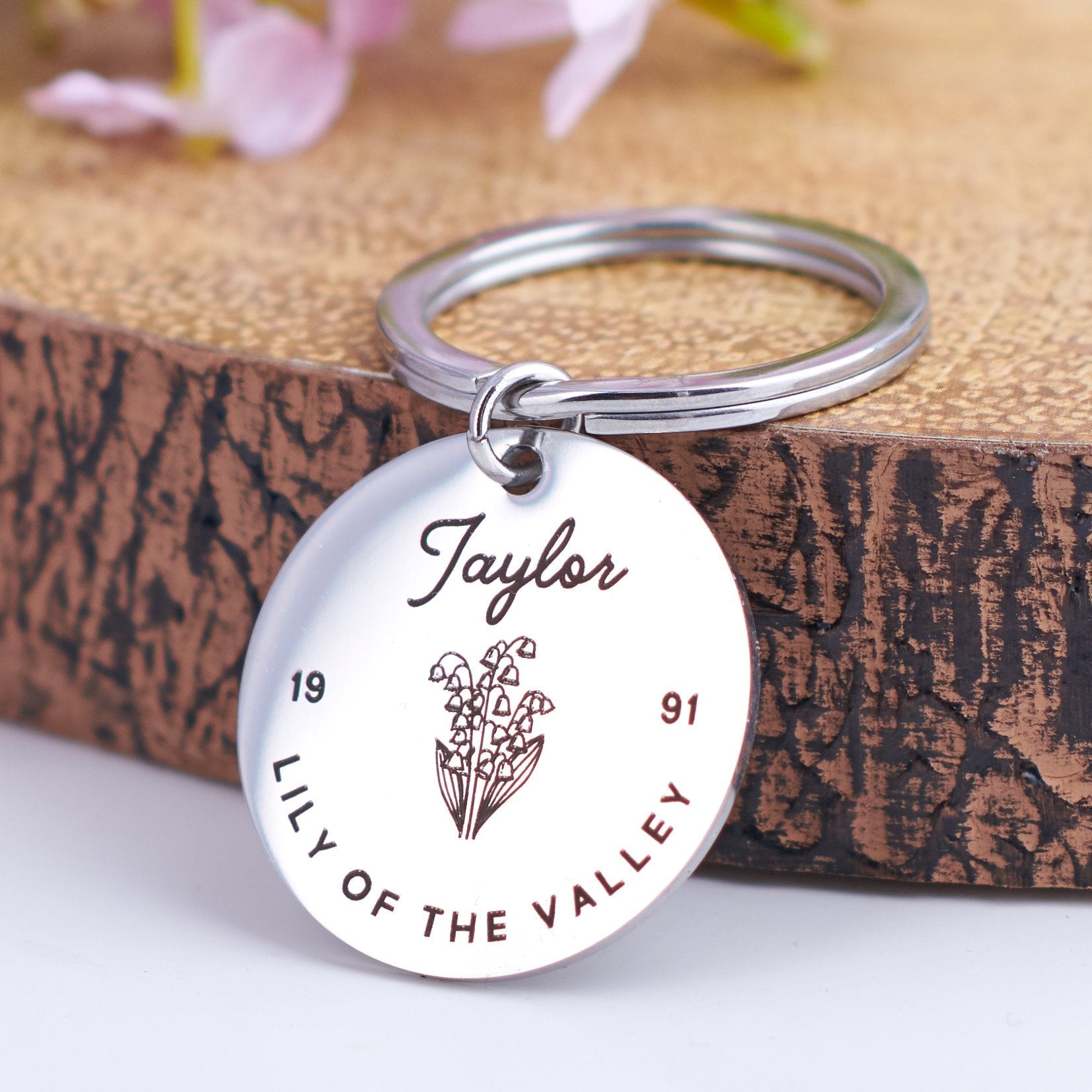 Oakdene Designs Keyrings Personalised Birth Flower Metal Key Ring