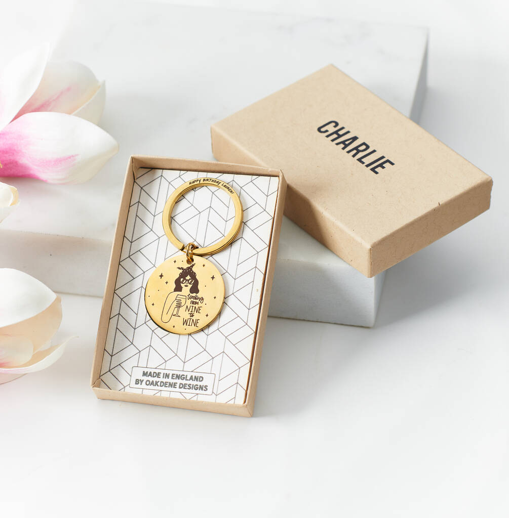 Oakdene Designs Keyrings Personalised 'Working From Nine To Wine' Metal Keyring