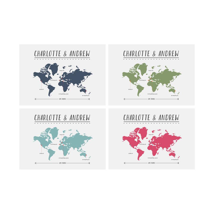 Oakdene Designs Prints Personalised Couples Travel Map Print