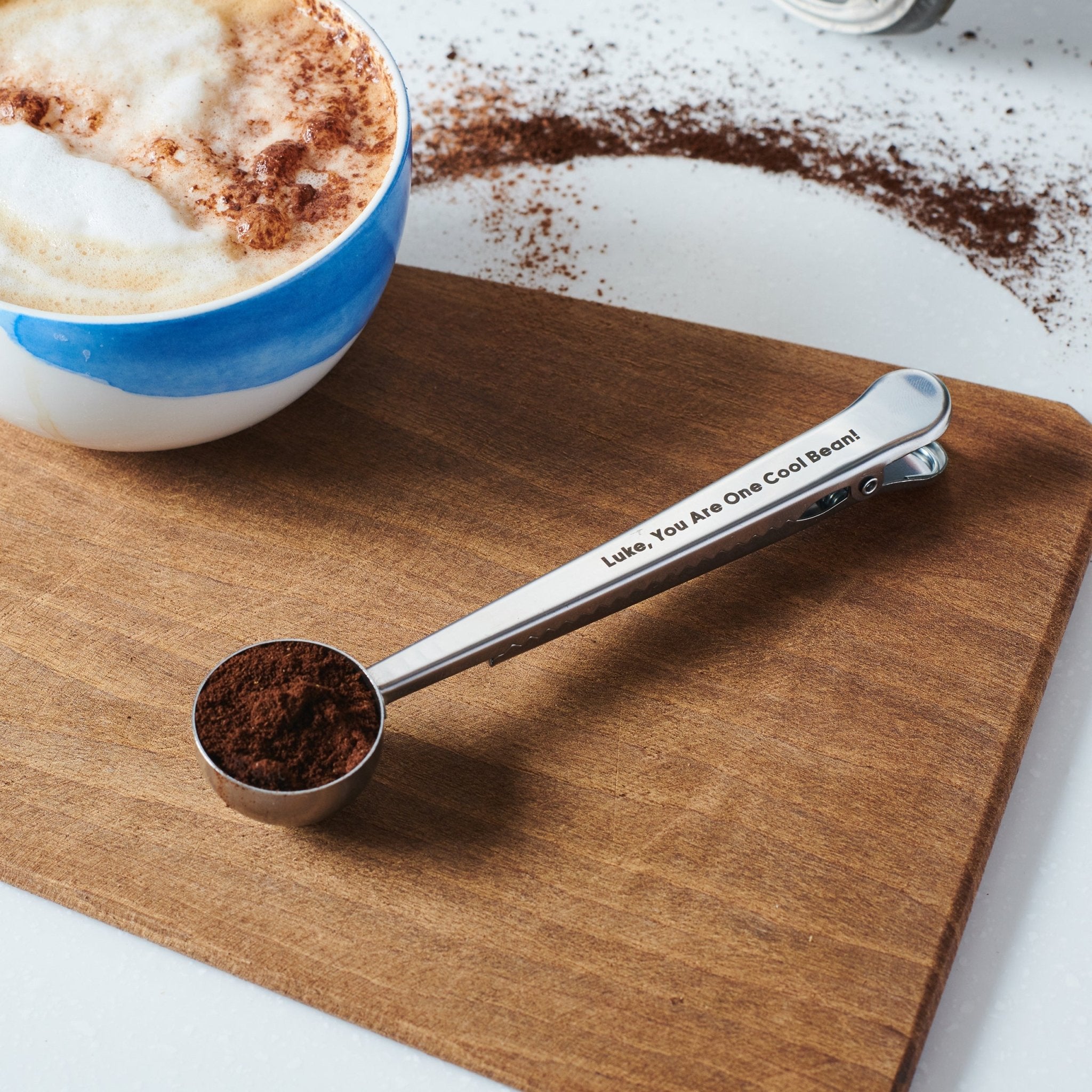 Personalised Coffee Scoop and Clip - Engraved Coffee Measuring Spoon - Custom Coffee Lover's Gift - Coffee Bag Clip - Oakdene Designs