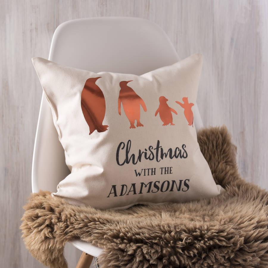 Personalised Copper Family Penguin Cushion - Oakdene Designs