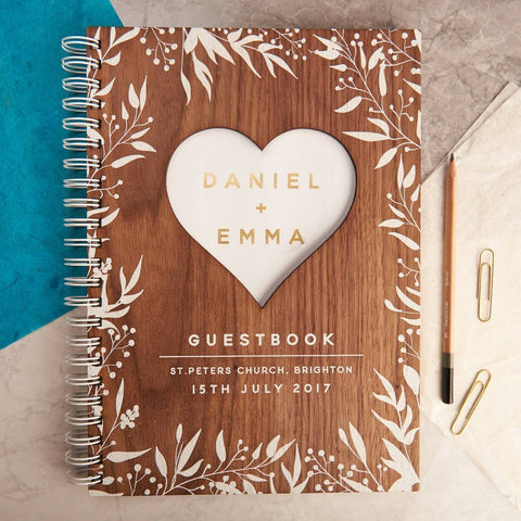 Personalised Gold Walnut Heart Wedding Guest Book - Oakdene Designs