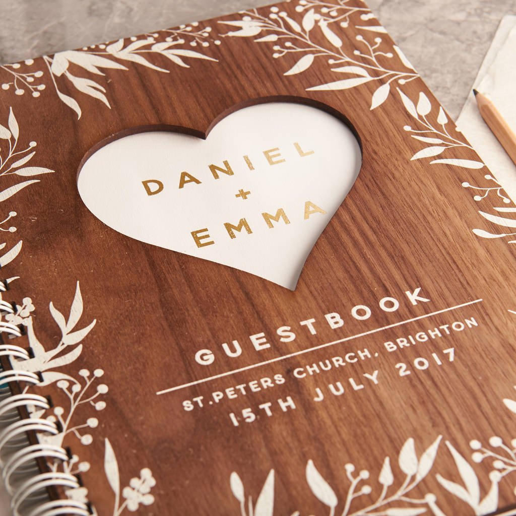 Personalised Gold Walnut Heart Wedding Guest Book - Oakdene Designs