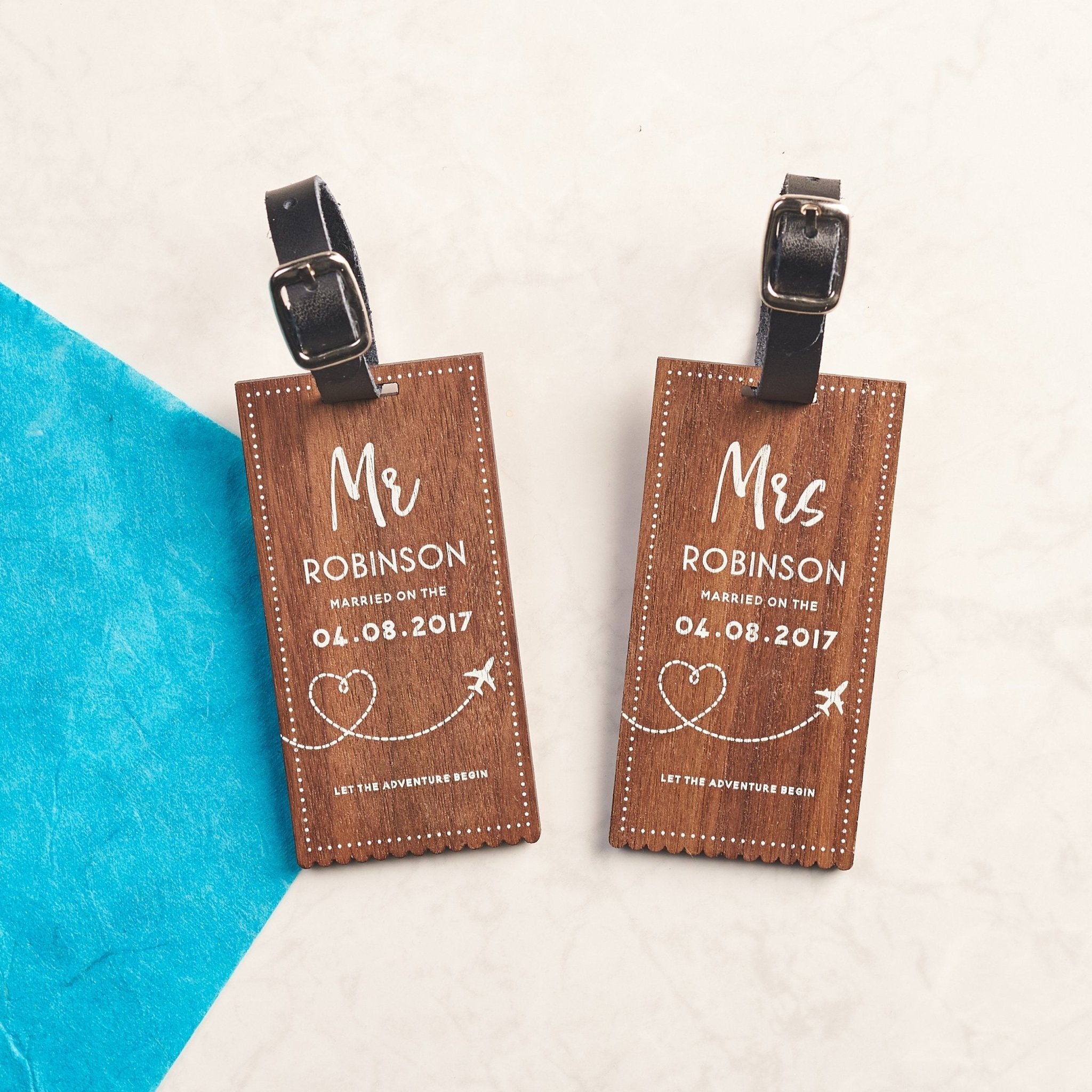 Personalised Walnut Wedding Luggage Tags - Oakdene Designs