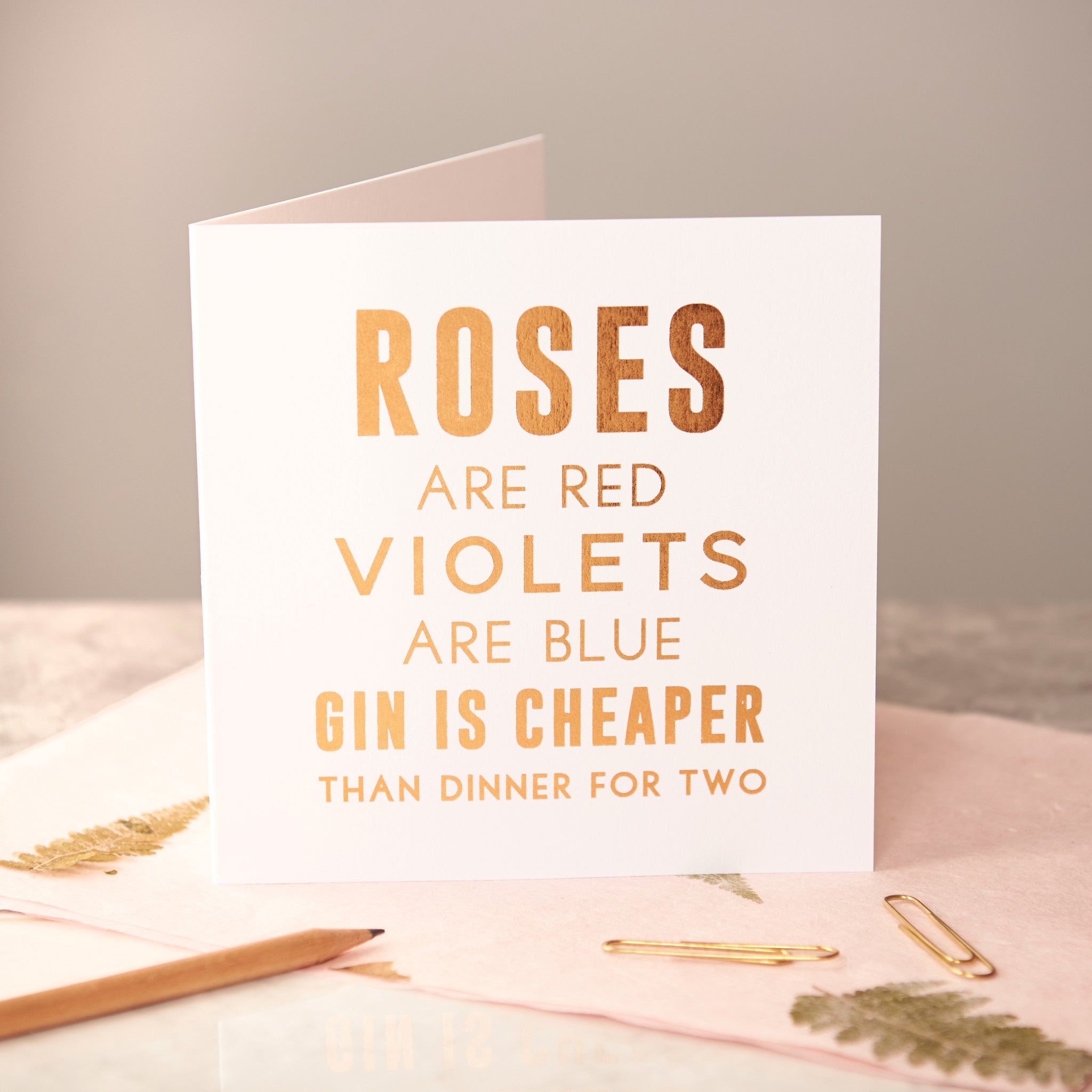 Valentines Copper Foiled 'Roses Are Red Gin' Card - Oakdene Designs